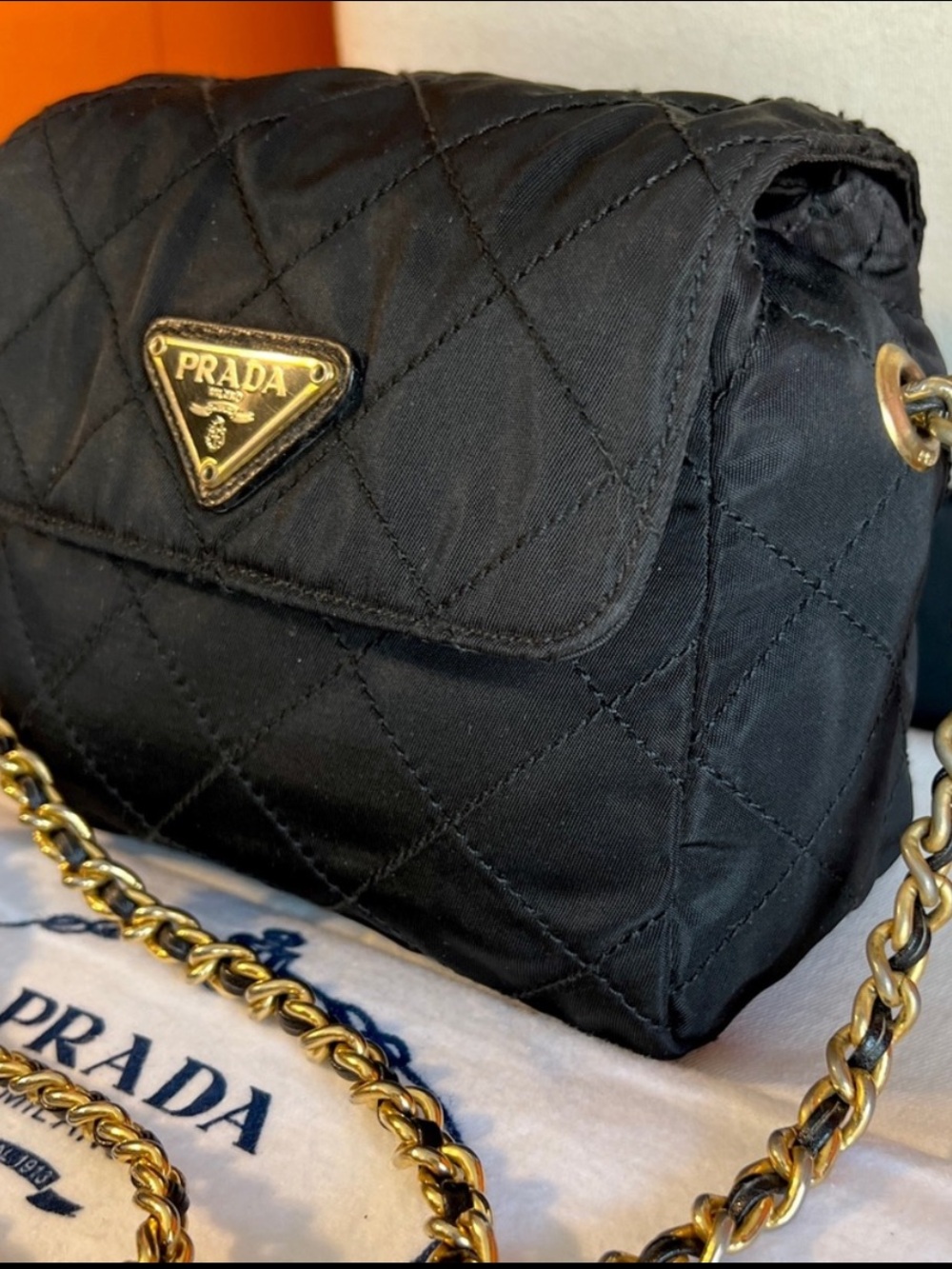 Prada⭐️⭐️Black Quilted Crossbody Bag with Gold Chain! RARE!